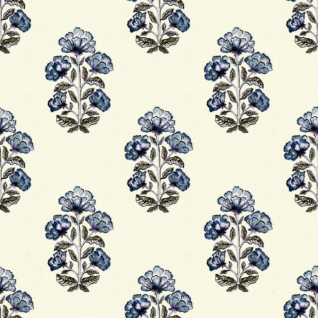 Traditional Blockprint poppy — Blue on cream white